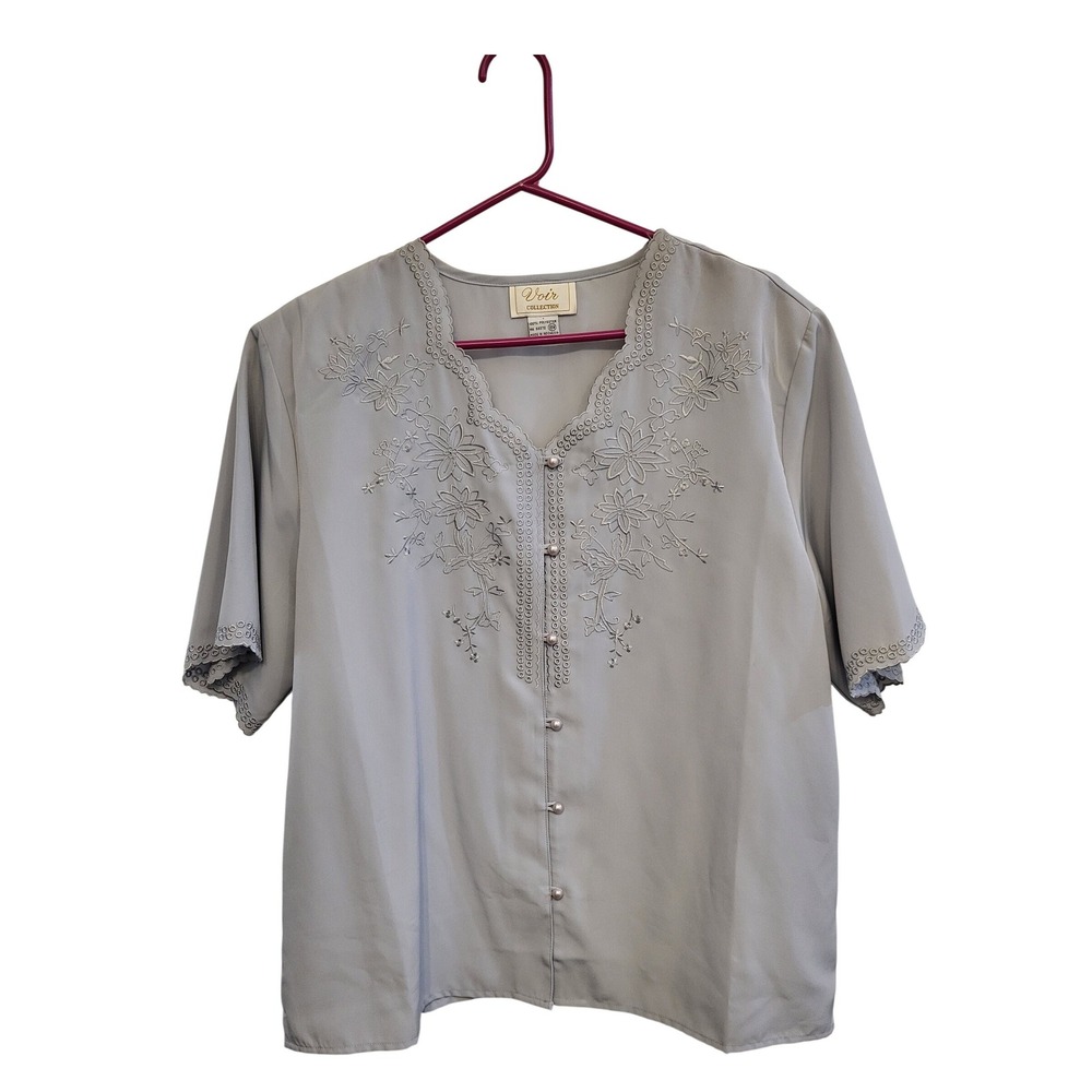 Voir Collection Blouse Womens 18W Gray Floral Embroidered Eyelet Button Front